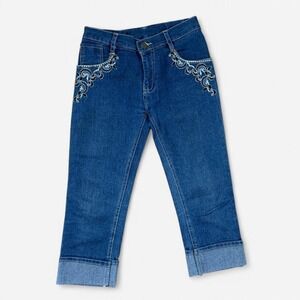 Vintage Y2K Women's Embroidered Cuffed Capri Jeans Blue Denim Capri